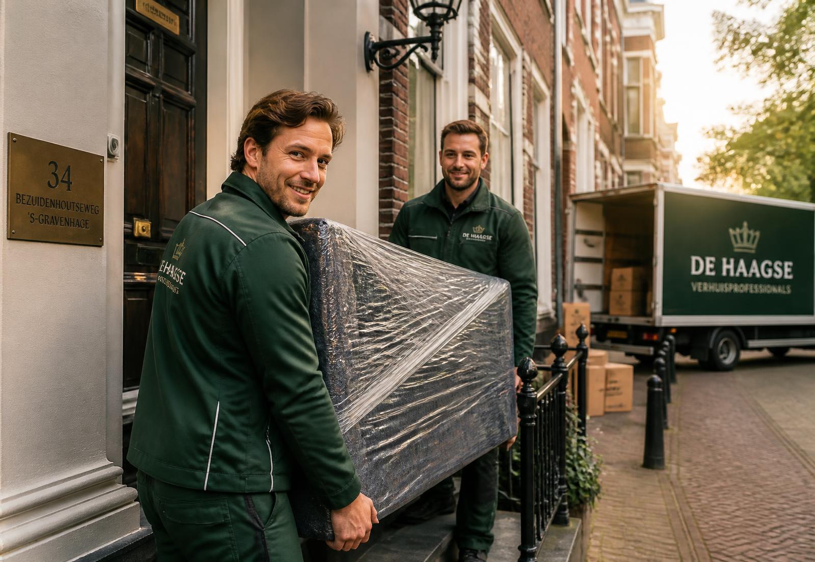 Verhuizers van Verhuisbedrijf 070 dragen zorgvuldig ingepakte meubels een Haags herenhuis uit